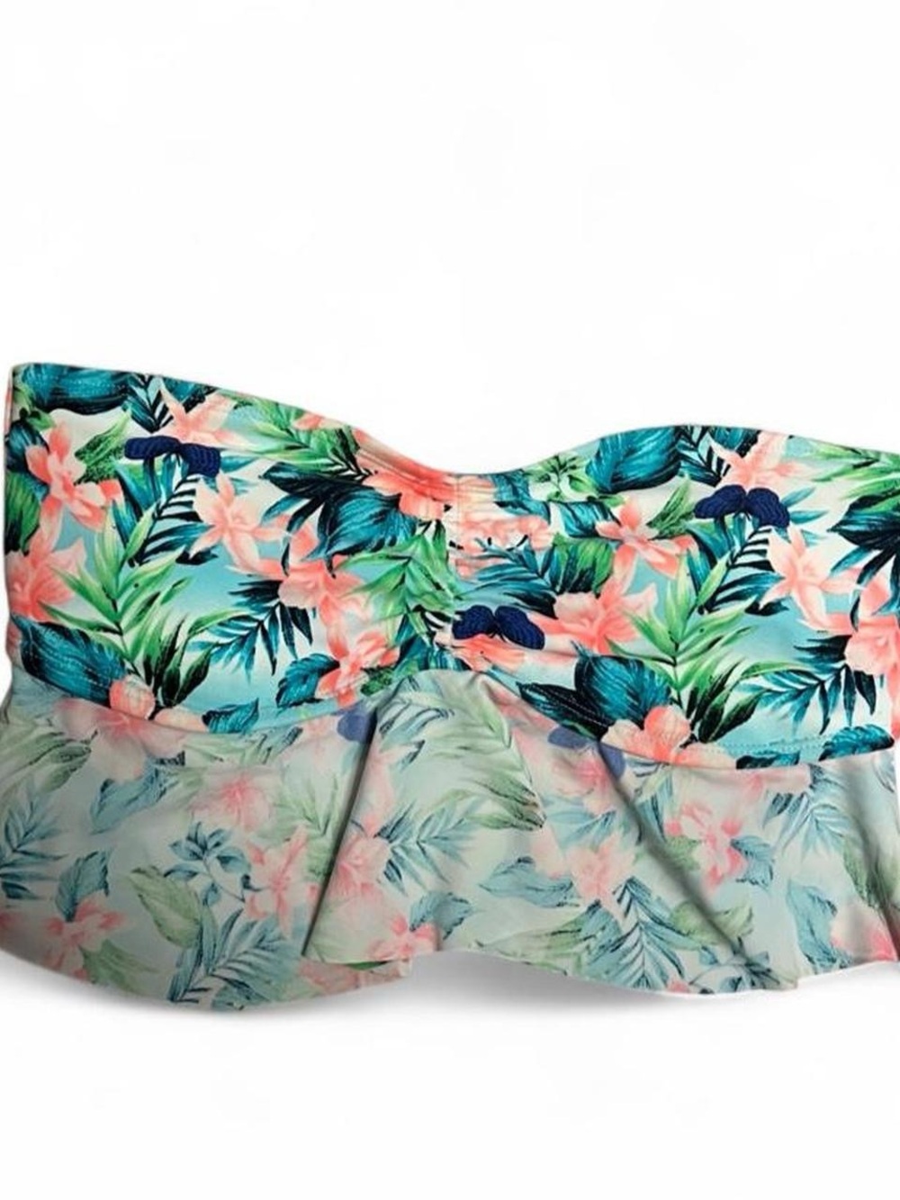 Tropical Floral Ruffled Bandeau Swim Top - Teal & Coral